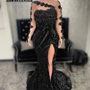 Exquisite Black Flowers Lace Applique Aso Ebi Prom Dress Long Sleeves Beaded African Elegant Evening Gowns For Woman Customized