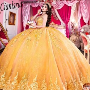 Gold Sweetheart Sleeveless Quinceanera Dresses Ball Gown Appliques Lace Beading Sweet 15 Años Mexican Customized