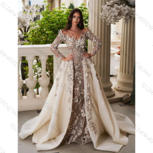 Exquisite Lace Evening Dresses Sheer Neck Long Sleeves Beaded Floral Wedding Dresses Beige Luxury Custom Make Bridal Gown