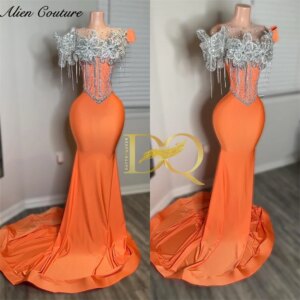 Glitter Orange Mermaid Prom Dress 2025 Bead Crystal Appliques Tassels Luxury Birthday Party Gown Vestidos Customized