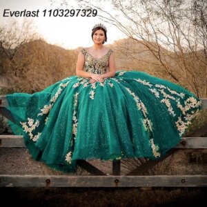 EVLAST Customized Mexican Green Quinceanera Dress Ball Gown Gold Lace Applique Beading Sweet 16 Vestido De 15 Anos TQD901