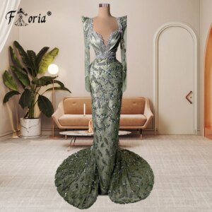 Vintage Long Sleeves Crystal Sequin Formal Evening Dress Heavily Beaded Green Mermaid Wedding Reception Gown Vestidos De Noite