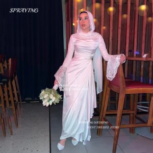 SPRAYING Vintage Lace Mermaid Evening Dress Lace Long Sleeve Pleats Prom Gown Sweep Train For Saudi Arabia Formal Occasion Dress