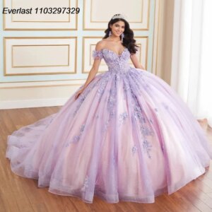 EVLAST Customized Lavender Quinceanera Dress Ball Gown Lace Applique Beading Mexico Cape Sweet 16 Vestidos De 15 Anos TQD844