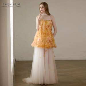 Colorful Strapless A Line wedding Dresses ,With Detachable Tulle Skirt ,Boho Bridal Gowns DW1021