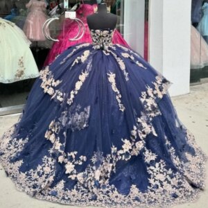 Customized Navy Blue Women Birthday Party Occasion Wear Dance Queen Off Shoulder Lace Applique Puffy Sweet 15 16 Quinceanera