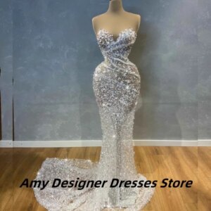 Elegant Sequin Evening Dresses For Black Girls Luxury Crystals Long Mermaid Prom Gowns Sweetheart Sleeves Party Dress Customized
