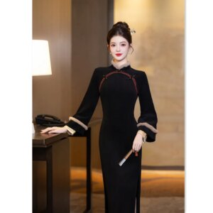 European Cotton Velvet Jacquard Long Inverted Big Sleeve Cheongsam Qi Pao Winter New Fashion Improvement Double Daily Wearable