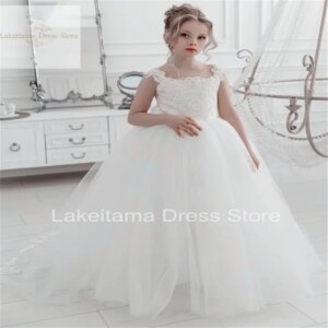 First Communion Gowns White Flower Girl Dress Tulle Appliques Tailing Sleeveless For Wedding Party Kids Birthday Princess Gift