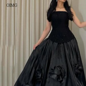 OIMG Bead Black/Burgundy A Line Prom Gowns Strapless Formal Party Gown Backless Saudi Women Evening Dress Customized