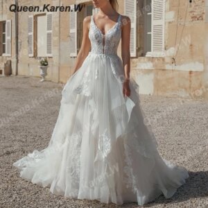 Elegant Wedding Dress V neck lace applique bride dress robe de mariee A line Wedding Bridal Gown