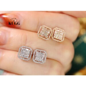 KUGG 100% 18K White/Yellow/Rose Gold Earrings Real Natural Diamond Stud Earrings for Women Classic Square Design High Jewelry