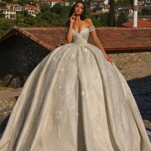 Elegant Off Shoulder Wedding Dress 2025 Formal Strapless Sequined Bridal Gown Shiny Strapless Floor Length Ball Gown Customized