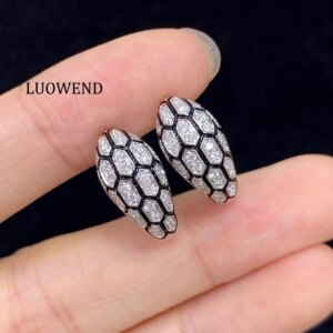 LUOWEND 100% 18K White Gold Earrings Vintage Style Real Natural Diamond Hoop Earrings&Ring for Women High Party Jewelry Set