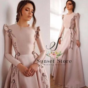 Customized Pink Satin Appliques Evening Dress Floor Length Sweep Train O-Neck Luxury Prom Dresses Elegant Women Long Sleeve Gown