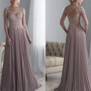 Chiffon Pleated Lace Applique A Line Mother Of The Groom Dress With 1/2 Sleeves Bride Long Vestido De Festa Wedding Gowns 2023