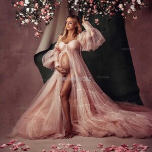 Customized A Line Prom Dresses Women’s Sweetheart Off Shoulder Front Split Maternity Robes Pregnant Ruffled Tiered Bridal Gown