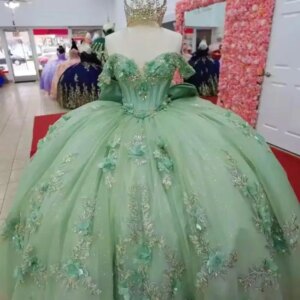 Customized Glittering Sage Green Quinceanera Dresses With Long Bow 3D Flower Lace Crystal Vestidos De 15 Anos Birthday Party