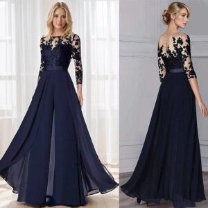 Appliques Lace Chiffon Mother Of The Bride Dresses With Sashes Jumpsuit Pantsuits Formal Evening 3/4 Sleeve Wedding Guest Gowns