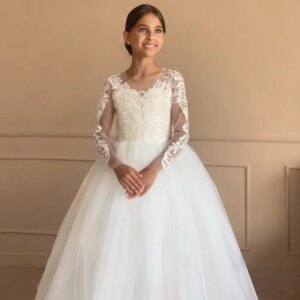 Tulle Flory Appliques With Bow Long Sleeve For Wedding Birthday Party Banquet Holy Communion Gown Flower Girl Dresses White
