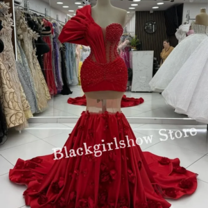 Customised See-through Mermaid Prom Dress Red One Shoulder Sleeve Beaded Appliqué Women’s Formal Occasion Red Carpet Ball Gowns