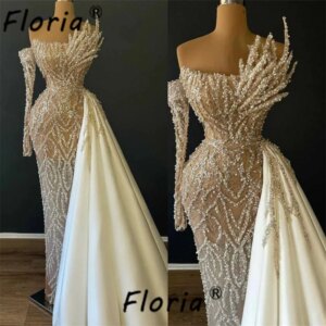 Dubai Woman Pearls Wedding Dress with Side Train Beads Mermaid Bridal Gown Customized Special Occasion Dress Vestidos noche 2025
