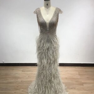 MYMB Caramel Stunning Deep V Neck Feathers Mermaid Evening Dresses for Women Party Exclusive Beaded new Prom Gowns DSL62430