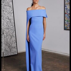 Customized Customized Retro Off the Shoulder Blue Jersey Evening Dresses Classic Back Slit Party Gowns Zipper Back Homecoming Dr