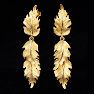 ABLES CHIC 18K Gold Over Solid Sterling Silver Matte Finished Maple Leaf Silky Black Tone Long Drop Earrings C11B2S26239