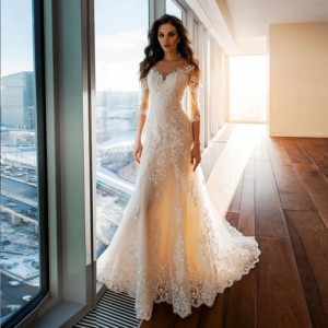 Fashion exquisite mermaid wedding dress for women lace tulle seven-quarter sleeve illusion after bridal dress vestidos de novia
