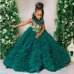 Luxury Feather Green Long Flower Girls Dresses Puffy Ruffles High Neck Tulle Wedding Ball Kids Party Wedding Customiza