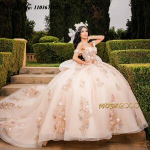 EVLAST Customized Blush Quinnceanera Dress Ball Gown Colorful 3D Flowers Applique Beaded Bow Sweet 16 Vestidos De 15 Anos SQ444