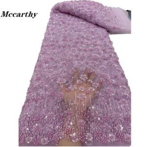 Purple Latest Nigerian Lace Fabrics Fashion Women African Tull Lace Luxury Handmade Bead sequins Fabrics For Wedding 5Yards