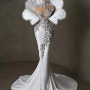 Gorgeous Ivory Pearls Mermaid Formal Evening Dress with Wrap Dubai High Neck Beaded Mermaid Wedding Party Gowns Special Robes