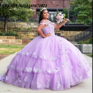 EVLAST Customized Lilac Quinceanera Dress Ball Gown Lace Applique Beaded Tiered Mexican Sweet 16 Vestidos De 15 Anos SQ534