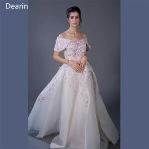 Customized Prom Dress Formal Evening Gown Dearin Off-the-shoulder Ball Floor Length Skirts Draped Tulle Applique 3D F