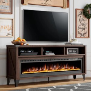 65″ Fireplace TV Stand with 60″ Glass Electric Fireplace, Industrial & Farmhouse Media Entertainment Center with Open Shelve