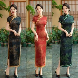 Old Shanghai Retro National Style Long Short Sleeve Robe Qi Pao Spring and Summer New Traditional Ethnic Daily Banquet Cheongsam