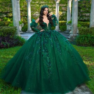 Emerald Green Shiny Quinceanera Dresses Ball Gown Off Shoulder Applique Lace Beads Tull Corset Sweet 16 Dress Vestidos 15 De