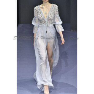 Grey Evening Dresses Women Half Sleeves V Neck A Line High Quality Floor Length Perspective Banquet Celebrity Party Gowns Female