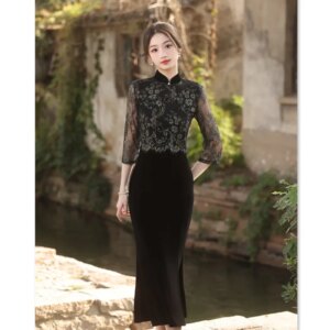 New Chinese Style Fishtail Black Improved Cheongsam Qi Pao Autumn Vintage Velvet Banquet Dress for Women