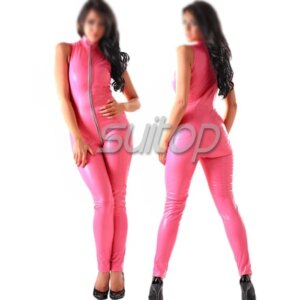 Suitop latex Sleeveless catsuit tights sexy jumpsuits with front zipper in pink