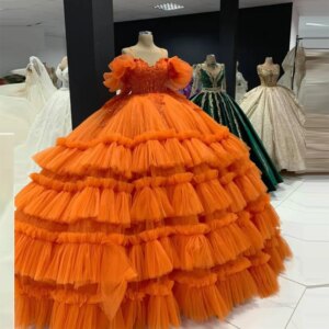 Orange Off The Shoulder Ball Gown Prom Dress Tiered Tulle Extra Puffy Ruffles Evening Gowns Princess Wedding Party Dress