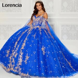 Lorencia Royal Blue Quinceanera Dress Ball Gown Gold Lace Applique Beading With Cape Mexican Sweet 16 Vestidos De 15 Años YQD733