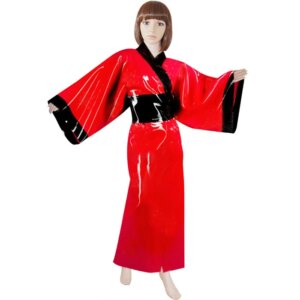 100% handmade traditional kimono women’s red latex sleepwear with black trims decorations