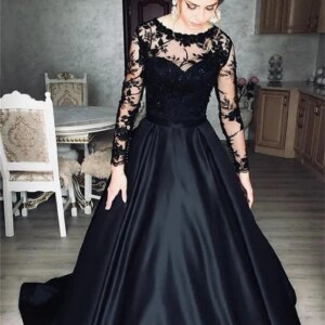 Elegant Long Sleeves Black Prom Dress Charming A-Line Satin Lace Illusion O Neck Evening Formal Party Gowns Customized