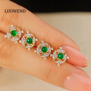 LUOWEND 18K Yellow Gold Earrings Real Natural Diamond Natural Swat Emerald Earrings for Women Romantic Style Wedding Jewelry