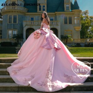 EVLAST Customized Elegant Pink Quinceanera Dress Ball Gown Applique Beaded Crystal With Bow Sweet 16 Vestidos De 15 Anos E3Q31