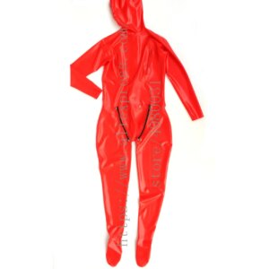 Novelty full cover latex catsuit with holes red mesh eyes latex catsuit men in Zentai with codpiece