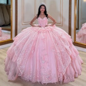 Pink Shiny Quinceanera Dresses Off Shoulder Ball Gown Sweet 16 Dress Sequin Applique Beading Crystal Tull Birthday Party Vestido